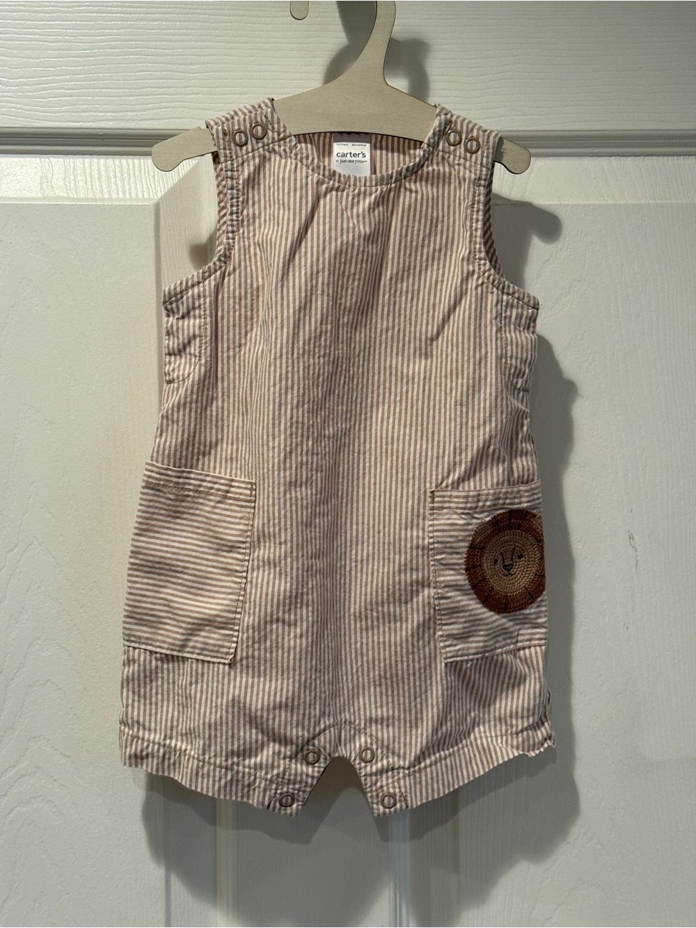 Carter's Sleeveless Cotton Striped Romper with Lion Embroidery